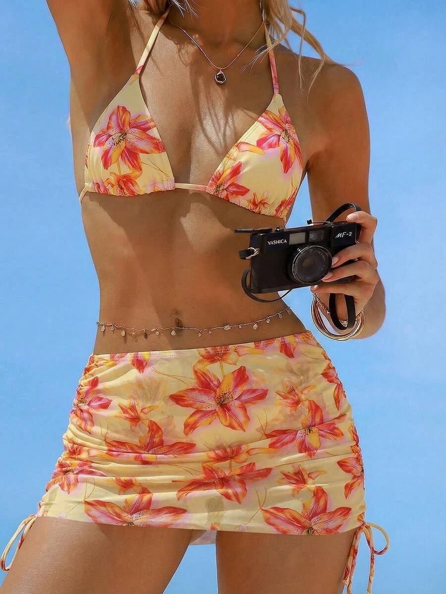 Swim Mod 性感豹纹露背三角罩杯网纱纱笼式系带比基尼三件套泳衣 - 彩色 - 查看 1