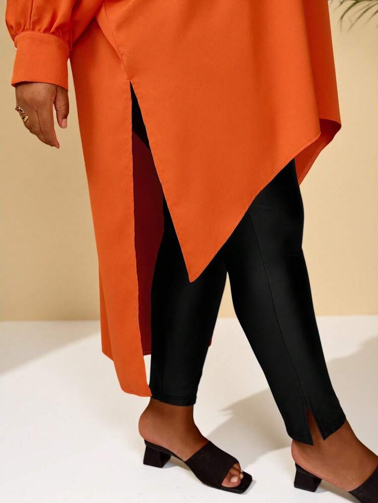 Plus Size Women's Early Spring Casual Vacation Plus Size Front Short Back Long Side Slit Open Front Button Design Long Solid Orange Shirt Blouse, Early Spring, Spring Breaks , Vacations Women , Holidays For Women, Spring Women, Going Outs, 2026 New , Simple And Fashionable For Everyday Wear, Orange Plus Sizes, Orange Cover Up, Orange Women