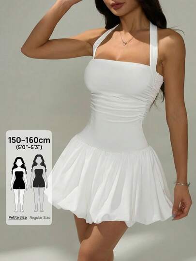 SHEIN PETITE Vestido corto de burbuja casual y sencillo de color liso con cuello de corbata y espalda descubierta para mujer