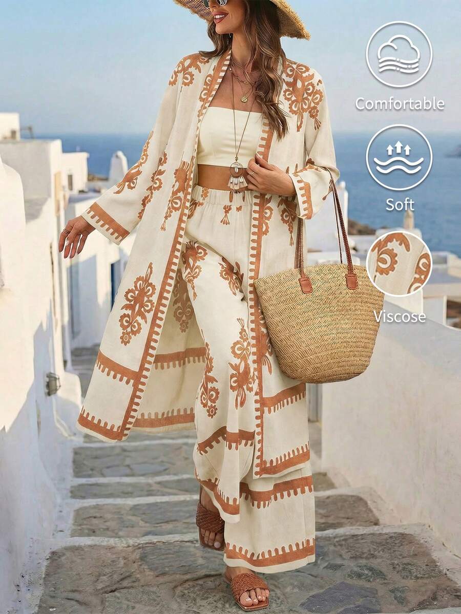 Breezaya Conjunto de 2 piezas de mujer con estampado vintage de otoño - Caqui - Ver 1