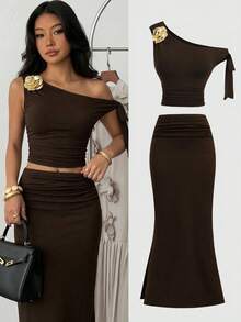SHEIN Teen Girls Brown Off-Shoulder T-Shirt And Bodycon Mini Skirt Co-Ord Set - Brown - View 4