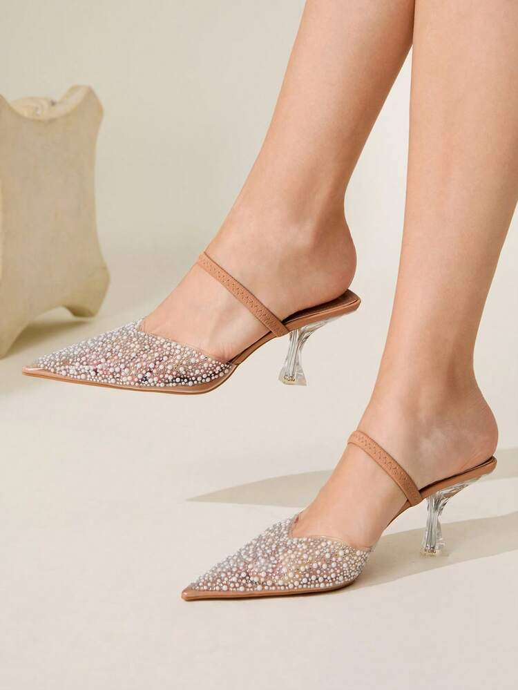 CUCCOO CHICEST Pearly Rhinestone Transparent Strap Apricot Pointed Toe High Heel Sandals, Sexy & Elegant Backless Ladies Shoes For Christmas Elegant Shoes Wedding Shoes Summer Shoes Bride Shoes