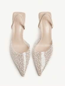 CUCCOO CHICEST Bombas de tacón alto con punta puntiaguda, de tacón transparente, con perlas y strass, sexy y elegante - Beis - Ver 5