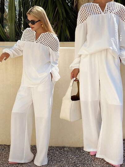 DAZY Bộ đồ 2 món dành cho nữ: Áo pull phối lưới khoét lỗ và quần ống rộng, phong cách đi nghỉ mát và dạo phố.