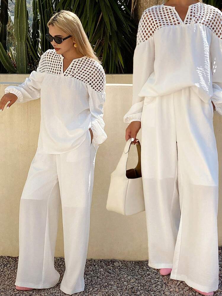 Women's Hollow-Out Mesh Patchwork Pullover Top And Loose Wide-Leg Pants, Vacation & Casual City Style 2 Pieces Set