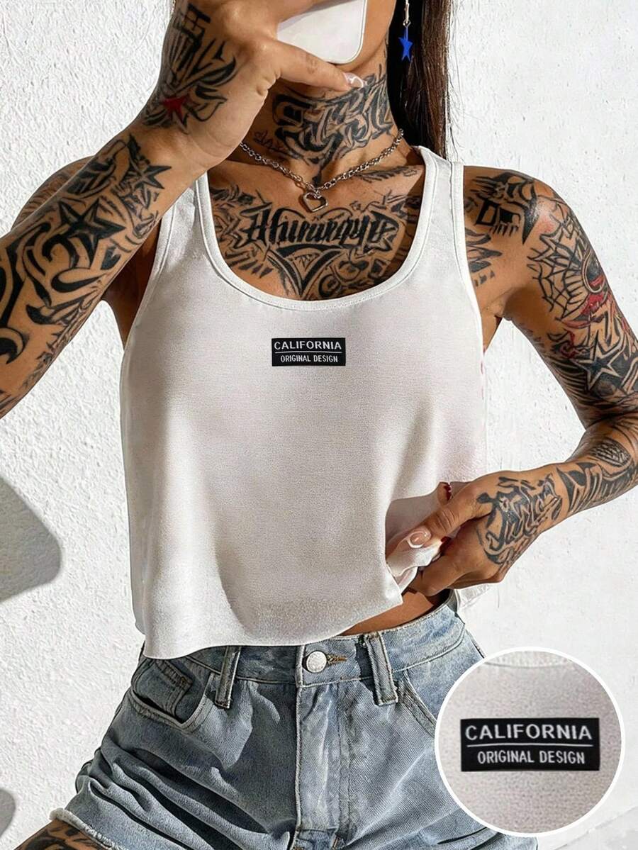 SHEIN EZwear 女士休闲宽松U领露脐背心 - 白色 - 查看 1