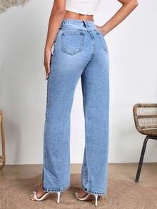 SHEIN PETITE Women's Straight Leg Slit Denim Jeans, Street Style - Blue - View 2