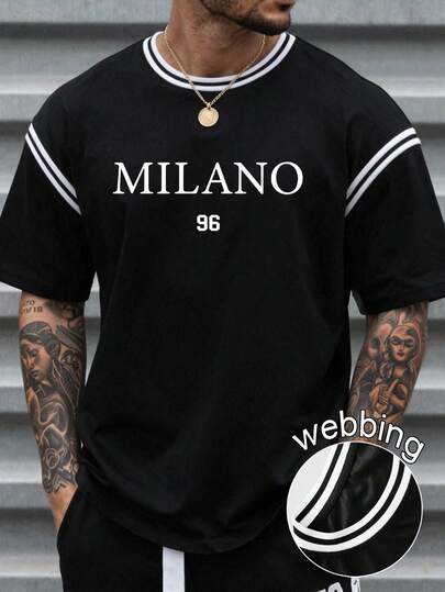 Manfinity Homme Men's Black Short Sleeve T-Shirt, Retro Jersey Design, Minimalist Graphic Print, American Sports Casual Style, Milan 96 Number T-Shirt, Ribbed Sleeve 2 In 1 T-Shirt