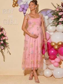 Loomaby Elegant Floral Embroidered Mesh Strap Maternity Dress For Party - Pink - View 4
