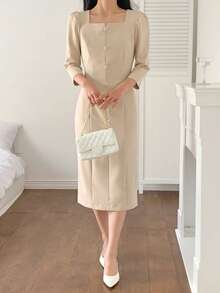 DAZY Women's Square Neck Fitted Waist Short Sleeve Midi Commuter Dress - Khaki - View 4