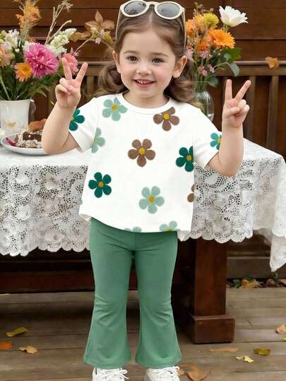 1 Set Young Girls' Casual Fashionable Sweet Cute Floral Print Short Sleeve Round Neck T-Shirt And Flare Pants Suit, Suitable For Outings, Vacations, Leisure And School, Summer Outfits