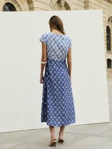 Nöista Blue Dress Features A Two-Tone Floral Print With A Flattering Tie-Front Neckline And Cap Sleeves. Daytime Events, Spring Summer, Easter. - Blue - View 2