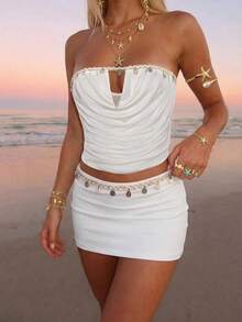 Sundraya Women's Vacation Tube Bandeau Top And Mini Skirt 2 Pieces Set - White - View 4