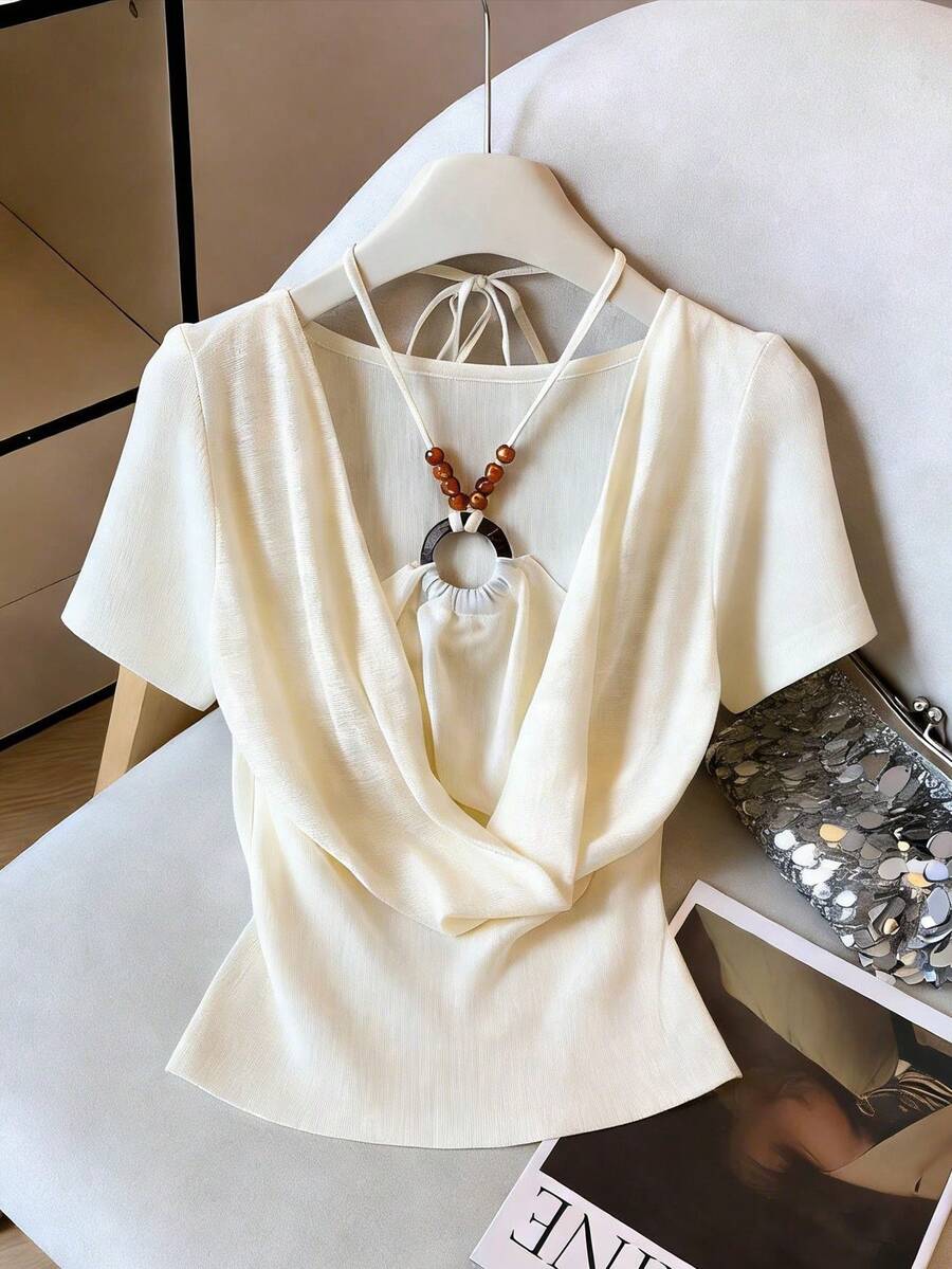 GlowEve Áo thun ngắn tay ôm dáng mùa hè màu mơ, kiểu dáng 2 trong 1, cổ Pháp, đính hạt cườm, buộc dây phía trước, dành cho nữ. - Màu be - Xem 1