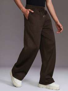 STYNVO 男士纯色抽绳腰带口袋阔腿宽松运动裤 - 咖啡棕 - 查看 6