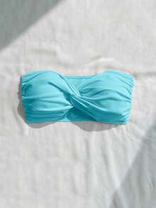 Swim Basics Solid Color Twist Front Bandeau Swimwear Top - Baby Blue - View 5