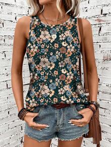 EMERY ROSE Women's Floral Print Round Neck Casual Versatile Daily Wear Top,Summer Top - Multicolor - View 3