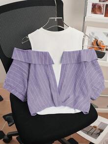 Franclia Women's Striped Cold Shoulder 2 In 1 T-Shirt, Summer Outfit - Mauve Purple - View 2