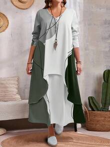 EMERY ROSE Plus Size Casual Contrast Color Block Faux 2-In-1 Dress Fall Clothes - Olive Green - View 1