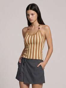 Muvela New Khaki Striped Adjustable Beaded Tie-Up Neck Knit Top, Elegant Urban Commuter Wear For Women, Spring/Summer - Coffee Brown - View 6