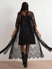 Freevana 波西米亚风春夏新款音乐节蕾丝薄纱连衣裙，V领荷叶边宽松罩衫，层叠度假风优雅长裙 - 黑色 - 查看 2