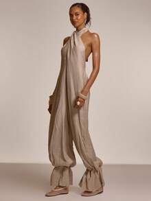 MUSERA 裹身露背宽松低背收口袖口连体裤，可爱春夏性感海滩度假休闲装 - 灰色 - 查看 3