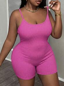 Slaydiva 大码无袖纯色连体裤，轻盈罗纹面料，休闲运动装，春夏款 - 粉色 - 查看 4