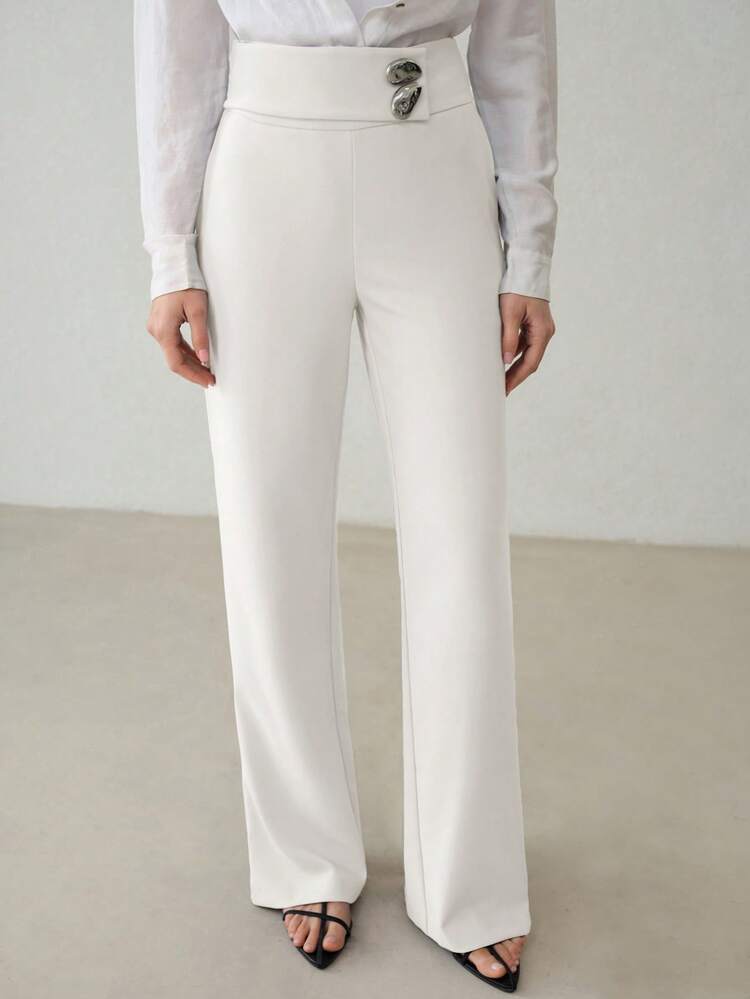 HIGH WAIST METAL DECOR STRAIGHT LOOSE PANTS