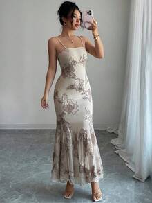 Rafferiza 女士优雅吊带提花针织修身鱼尾连衣裙 - 卡其色 - 查看 6