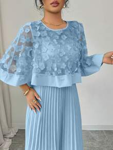 Elenzga Women's Autumn Wedding/Birthday Party Applique Mesh Ruffle Hem Cape Dress - Baby Blue - View 3