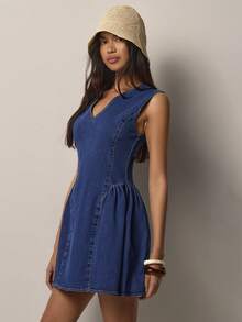 COSMINA Đầm denim ngắn cổ chữ V xếp ly dành cho nữ, đầm không tay thanh lịch thường ngày, đầm ngắn, đầm denim đơn giản tối giản. - Màu xanh lam - Xem 1