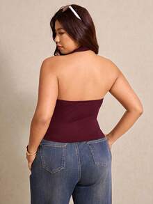 Elaquor Plus Size Women Fashion Solid Color Halter Backless Top - Burgundy - View 2