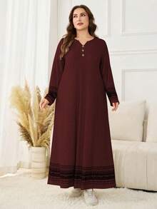 Lacomfia Herbst/Winter Lässig Rundhals Pullover Strick strukturierte lose vielseitige bedruckte Patchwork Damen Große Größen Kleid - Bordeaux - Übersicht 4