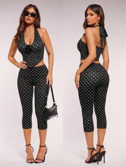 Radiana Women's Sexy Elegant Casual Black Polka Dot Fitted 2-Piece Set, Includes Floral Decor Low-Cut Halter Neck Camisole And High-Waisted Skinny Capri Pants, Suitable For Casual Outings, Urban, Retro, Afternoon Tea, Island Vacation, Beach, Holiday, Party, Music Festival, Concert
