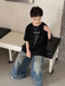DAZY Tween Boy Round Neck Slogan Print Casual Versatile Daily Wear Short Sleeve T-Shirt Summer - Black - View 3