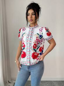 SHEIN Elenzya Elegant Vacation Style Printed Keyhole Neck Petal Sleeve Blouse, Summer - Multicolor - View 5