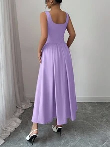 Rafferiza Women's Fashionable Sleeveless Square Neck Single-Breasted Vest And Pleated Flared Skirt 2-Piece Set, Versatile Daily Wear - Lilac Purple - View 2