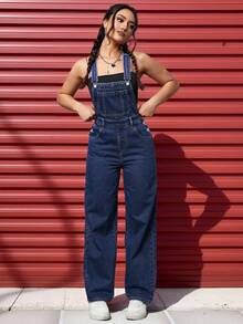 SHEIN PETITE Quần yếm denim ống đứng có túi dành cho nữ, phong cách thường ngày. - Rửa tối - View 6