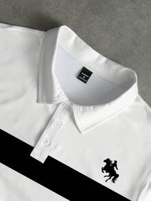 Chillumni 男士休闲马匹图案纽扣 Polo 衫，适合日常通勤穿着、男士高尔夫球衫、学院风上衣、度假装扮 - 彩色 - 查看 3