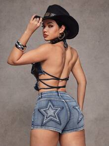 SHEIN Jeanoir Quần short denim nữ kiểu dáng Y2K thời trang thường ngày, họa tiết ngôi sao thêu, thích hợp cho kỳ nghỉ hè. - Màu xanh lam - Xem 1