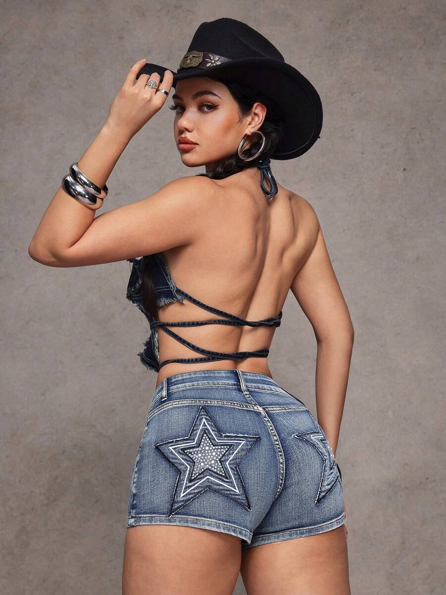 SHEIN Jeanoir Quần short denim nữ kiểu dáng Y2K thời trang thường ngày, họa tiết ngôi sao thêu, thích hợp cho kỳ nghỉ hè. - Màu xanh lam - Xem 1