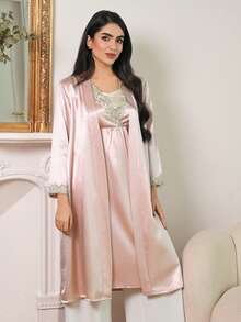 DAZY 女士优雅刺绣蕾丝睡袍睡衣套装 - 粉色 - 查看 6