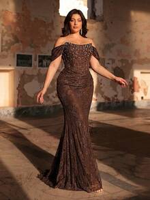Aureia Plus Size Elegant Brown Winter Evening Formal Party Dress, Off-Shoulder Luxury Pearl & Rhinestone French Lace Mermaid Gown With Train Fishtail - Brown - View 8