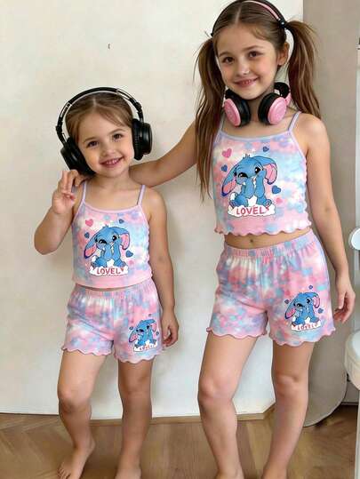 女童甜美可爱优雅休闲舒适日常蓝色可爱兔子卡通扎染图案背带短裤荷叶边针织面料柔软两件套睡衣套装