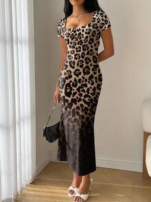 Modelyn Women's Summer Square Neck Ombre Leopard Print Fishtail Hem Bodycon Dress - Multicolor - View 4