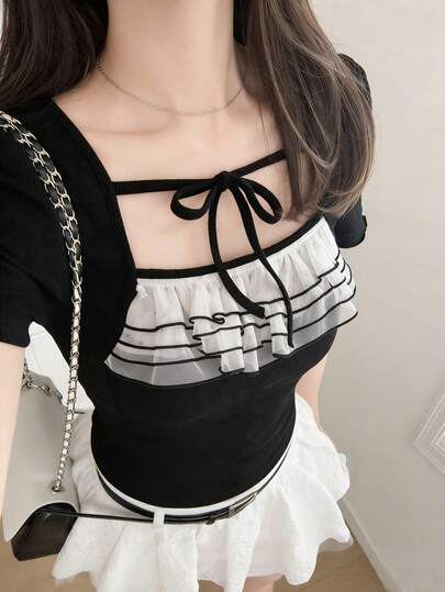 FRIFUL Women's Colorblock Layered Ruched Ruffled Tie Bow Splice Sheer Mesh Fitted Casual T-Shirt, Suitable For Spring And Summer