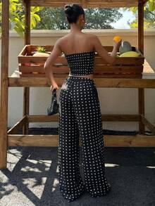 Muchica Women's New Polka Dot Print Cropped Tube Top And Wide Leg Pants Set, Black & White, Spring/Summer - Black - View 2