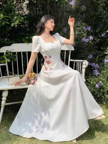 Feyla Women's Daily Simple Floral Printed Dress Long Evening Dresses - White - View 2