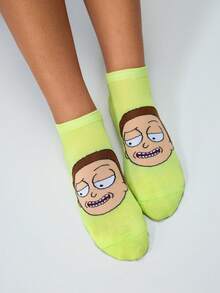 Rick and Morty X SHEIN 3双装柔软透气吸湿休闲短袜，时尚可爱卡通灰蓝绿配色，加固趾部和后跟，经久耐穿，男女通用，四季皆宜，夏季冬季百搭图案袜 - 彩色 - 查看 6