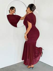 Firerie Elegantes, zierliches, romantisches, charmantes, modisches Maxikleid in Große Größen für Valentinstag, Abendessen, Hochzeitsgast, Feiertage, aus transparentem Mesh, 2-in-1, in Braun - Rot-violett - Übersicht 2